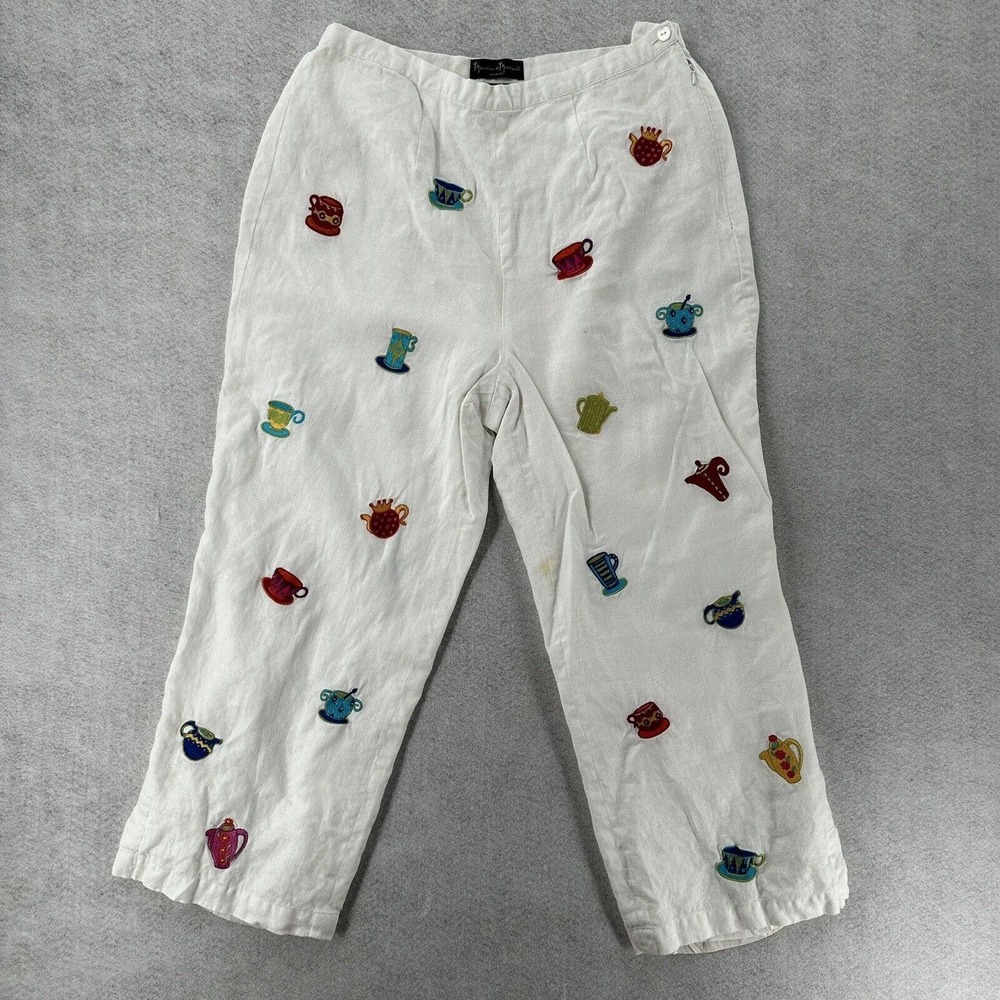 MERCER MADISON 100% Linen Crop Pant 14W Embroidered Mad Hatter Tea Party Novelty
